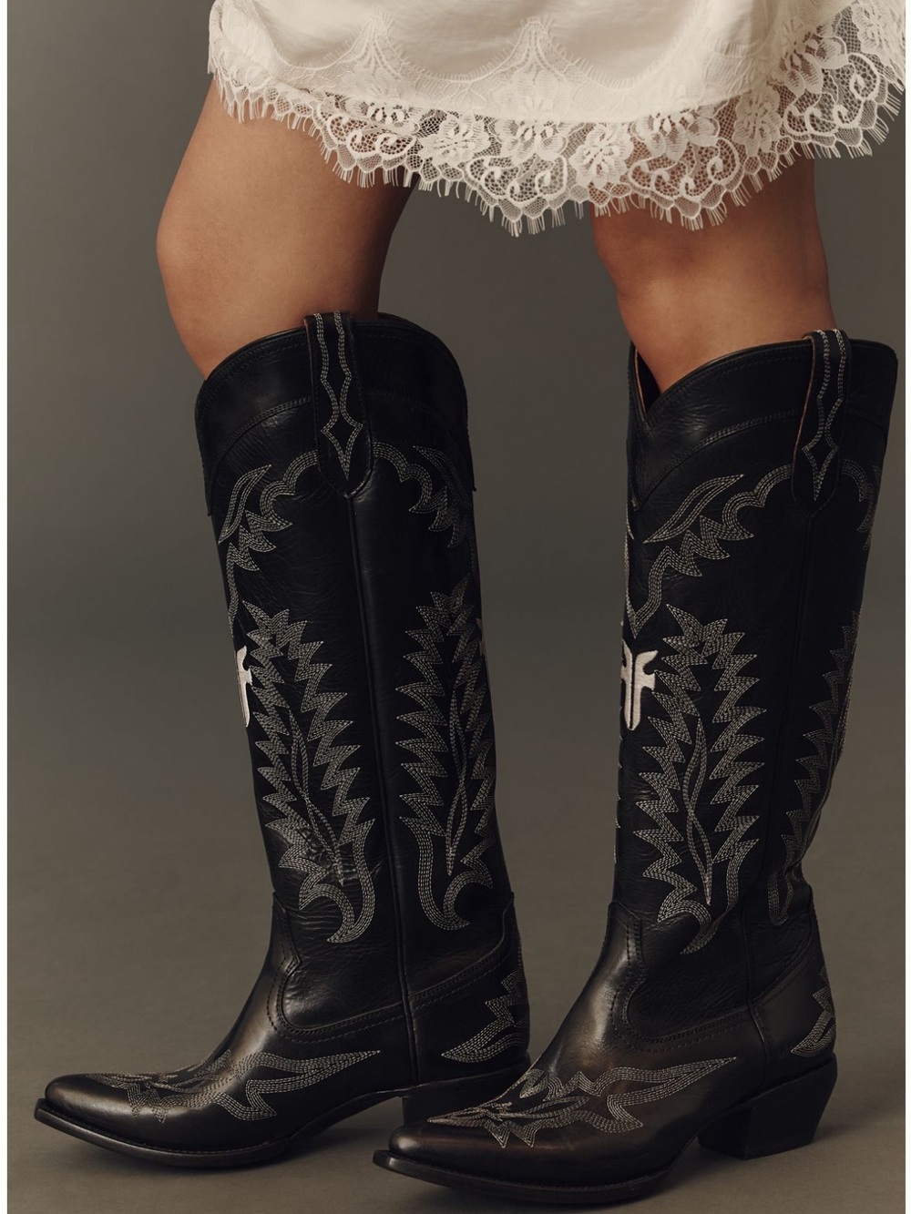 Frye Black Leather Embroidered Western Knee Boots